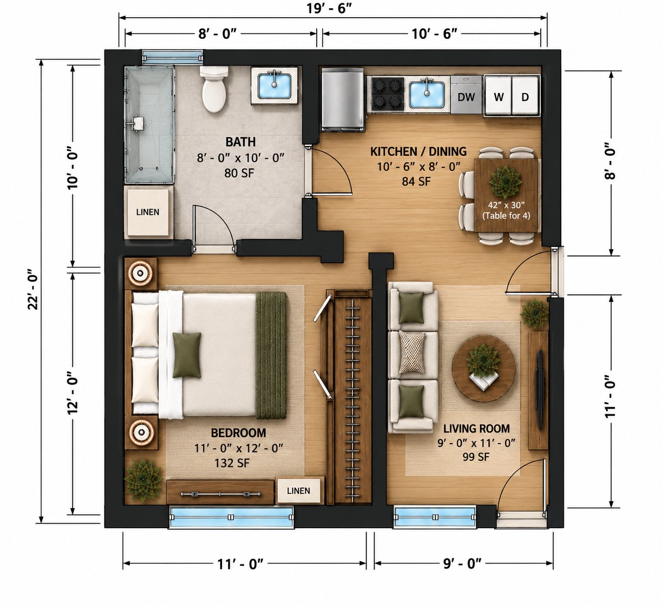 Conceptual floor plan of a one-bedroom residence, about 19 feet 6 inches by 22 feet. A bathroom with a glass walk-in shower and linen closet sits at the upper left. The kitchen and dining area at the upper right has a refrigerator, range, sink, dishwasher, washer and dryer, and a 42 by 30 inch table for four. The bedroom at the lower left has a queen bed, nightstands, a built-in wardrobe, and a linen cabinet. The living room at the lower right has a three-seat sofa, round coffee table, and a television facing the sofa. A private entrance opens into the living room.